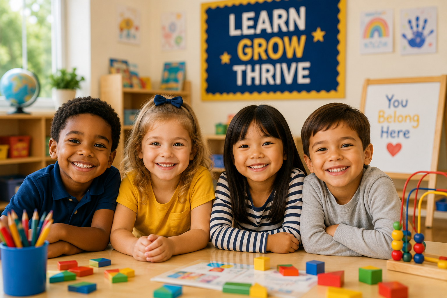 Children smiling together in a bright early learning classroom