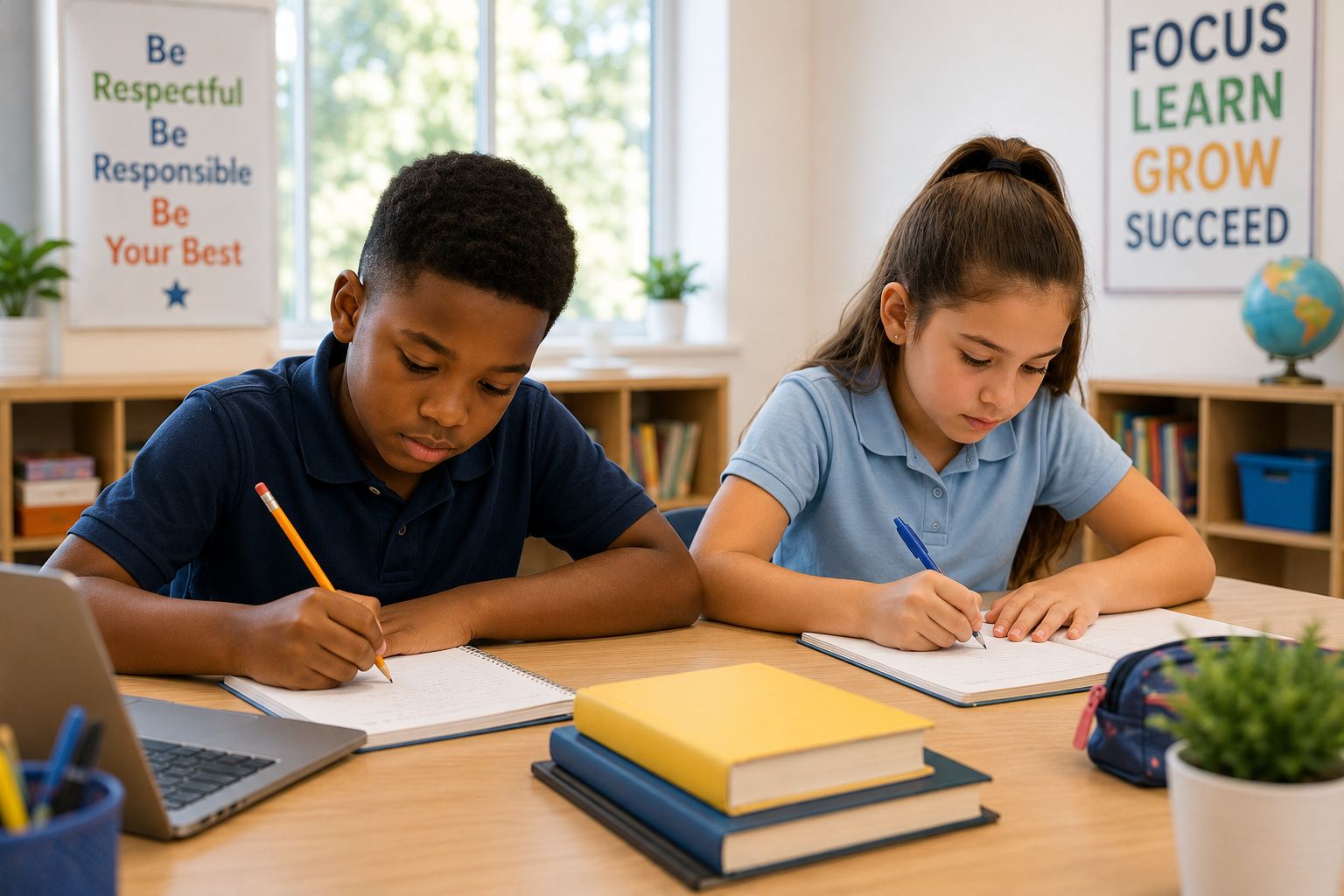 School-age children completing homework activities