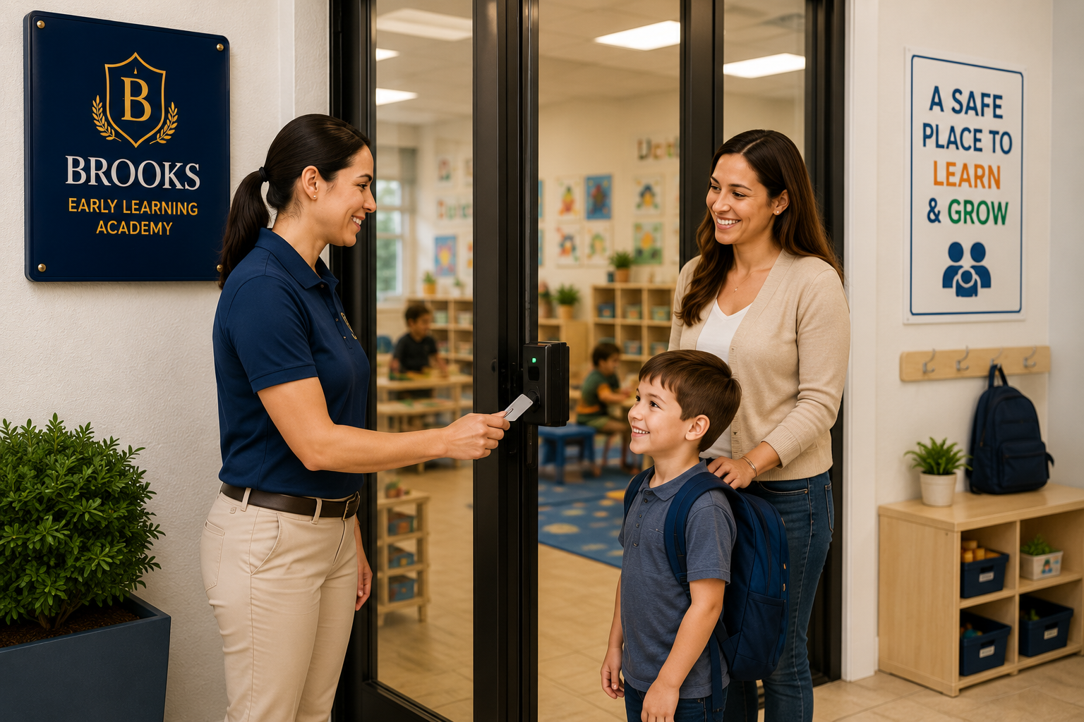 Teacher welcoming a parent and child at a secure academy entrance