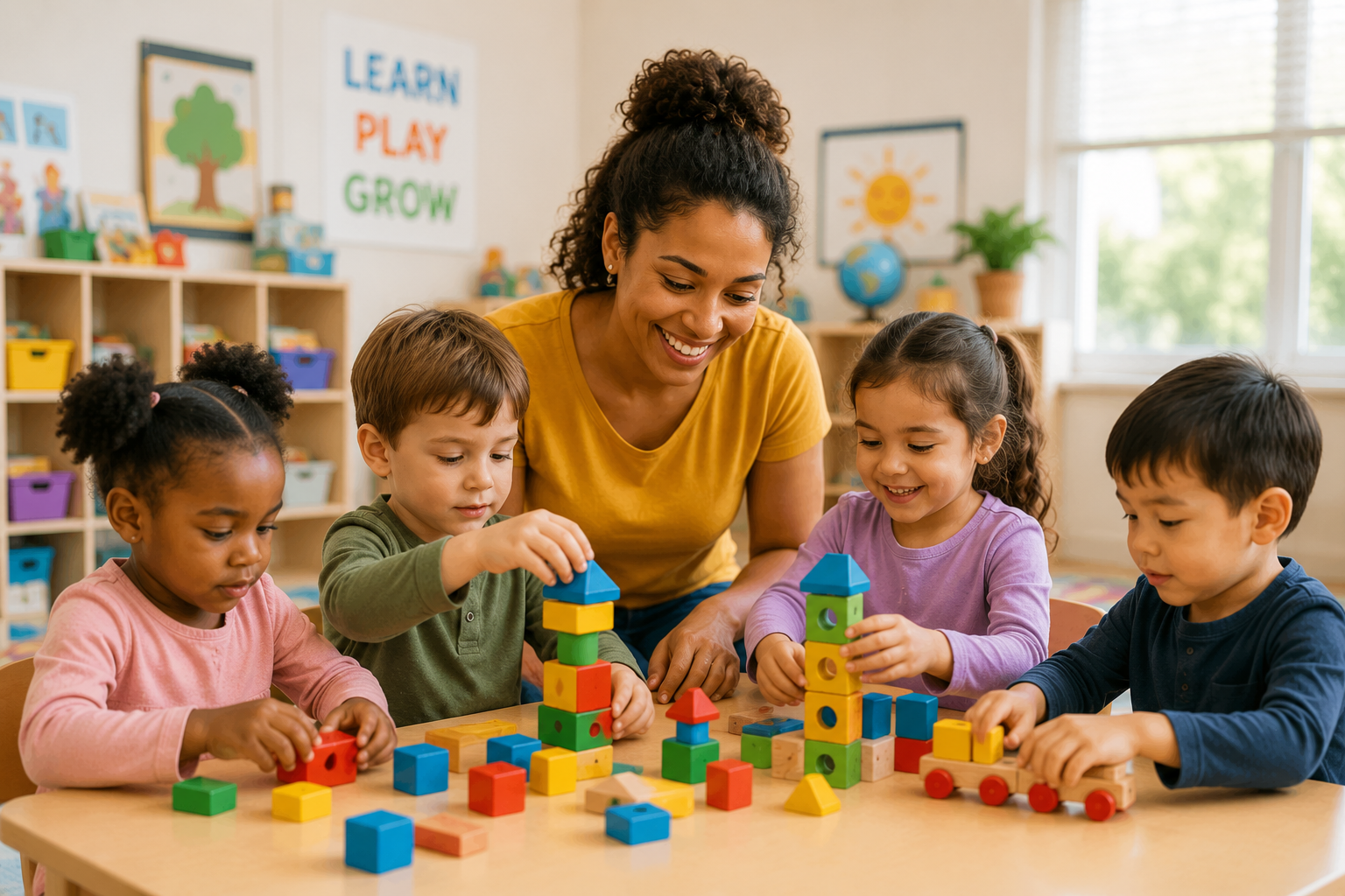 Teacher helping children learn through play at Brooks Early Learning Academy